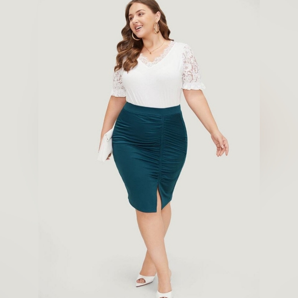 NWT Bloomchic Plain Ruched Teal Bodycon Split Hem Skirt Sz 14/16